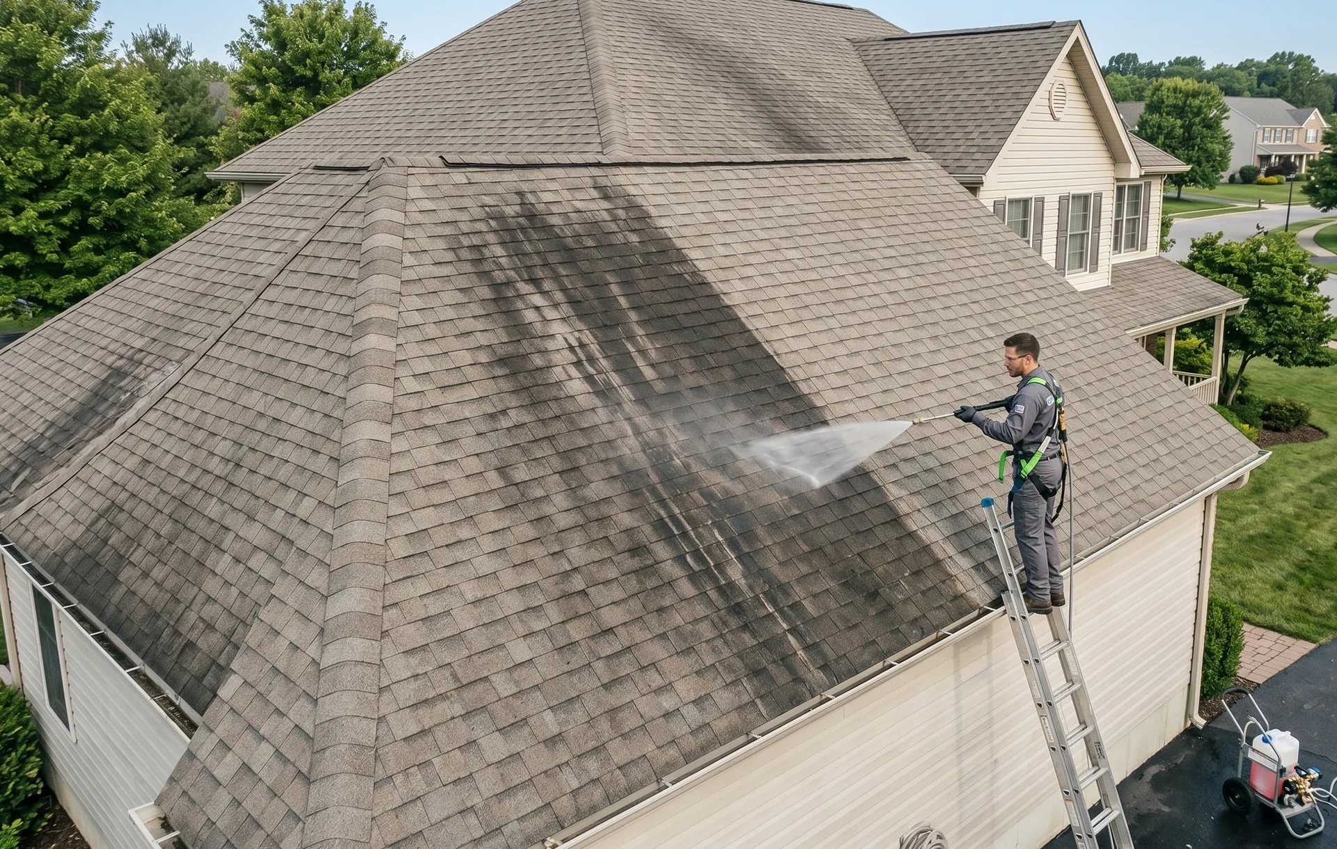 Montreal chimney being cleaned with ARMA-compliant no-walk method from extension wand