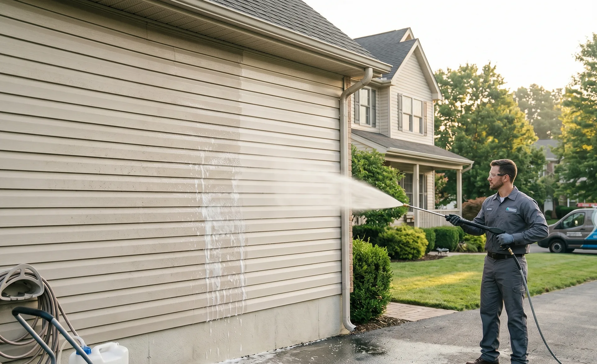 Close-up of soft-wash chemistry being applied to delicate vinyl siding in Montreal